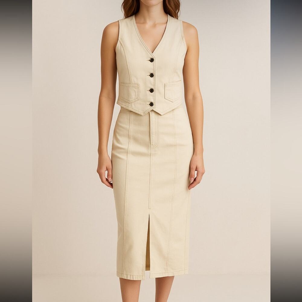 BELLE VERE Denim Vest & Skirt Set Size Large (L) Off White/Cream Stretchy
